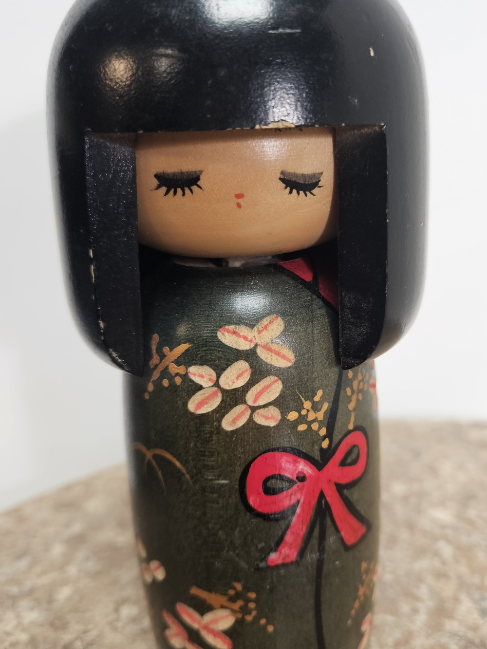 Hand-Painted Kokeshi-Style Wooden Doll in Black and Green